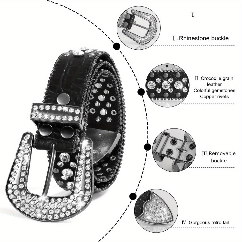 Men's Belt - Rhinestone for Western Cowboy Faux Crocodile Leather Strap Rivet Detail - product detail view 21