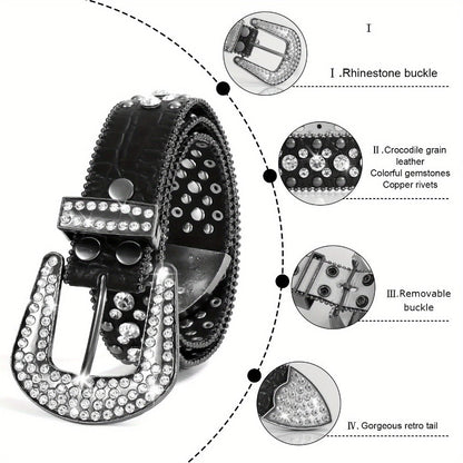 Men's Belt - Rhinestone for Western Cowboy Faux Crocodile Leather Strap Rivet Detail - product detail view 21