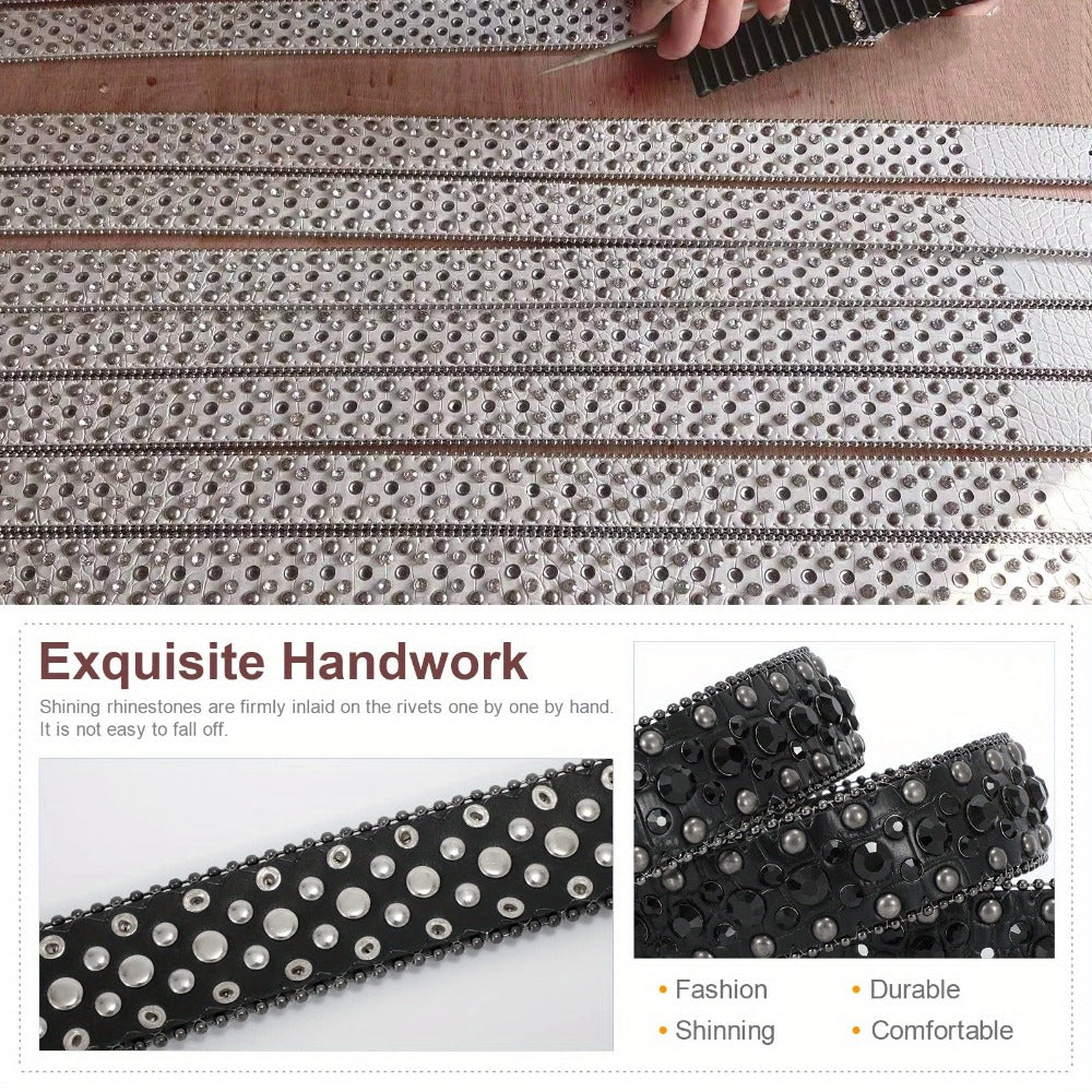 Men's Belt - Rhinestone for Western Cowboy Faux Crocodile Leather Strap Rivet Detail - product detail view 23