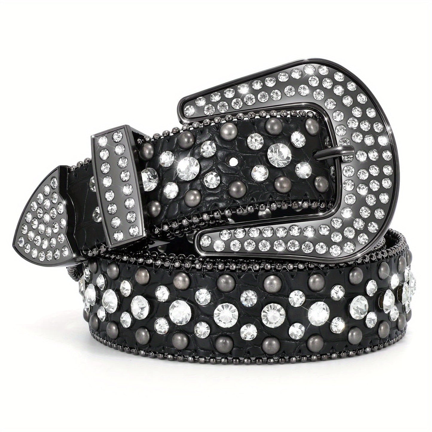 Men's Belt - Rhinestone for Western Cowboy Faux Crocodile Leather Strap Rivet Detail - product detail view 25