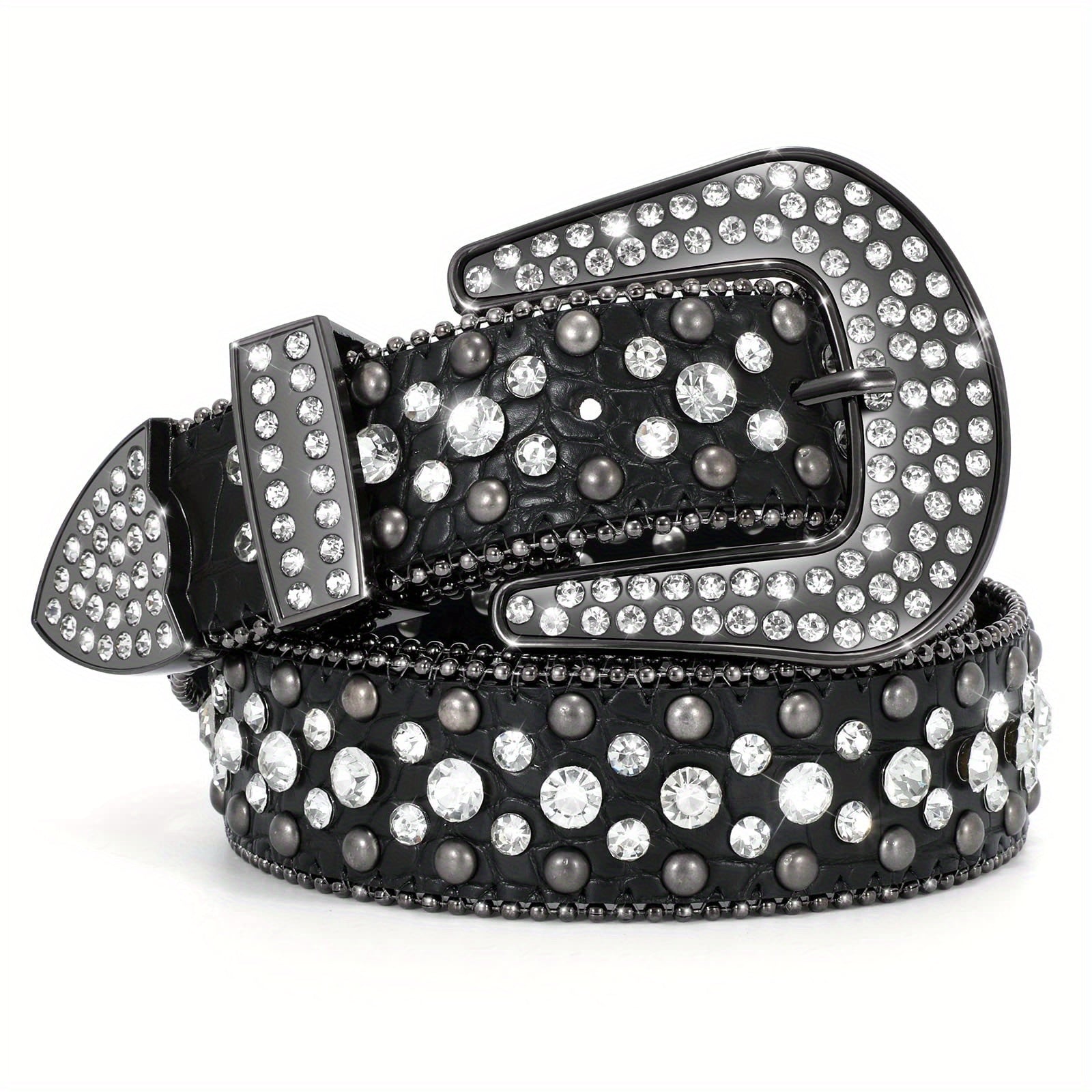 Men's Belt - Rhinestone for Western Cowboy Faux Crocodile Leather Strap Rivet Detail - product detail view 25