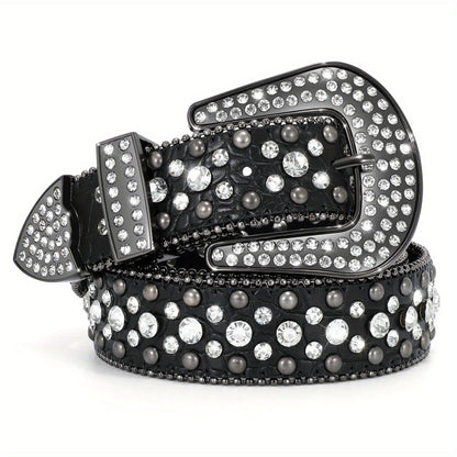 Men's Belt - Rhinestone for Western Cowboy Faux Crocodile Leather Strap Rivet Detail - product detail view 25