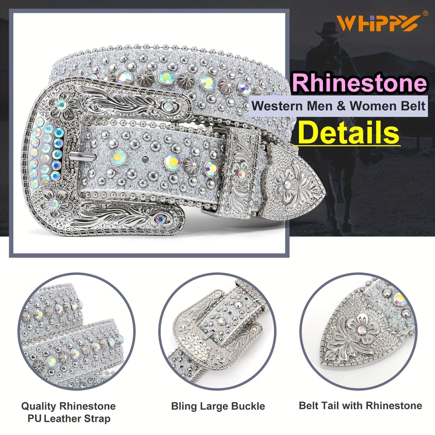 Men's Belt - Rhinestone for Western Cowboy Faux Crocodile Leather Strap Rivet Detail - product detail view 27