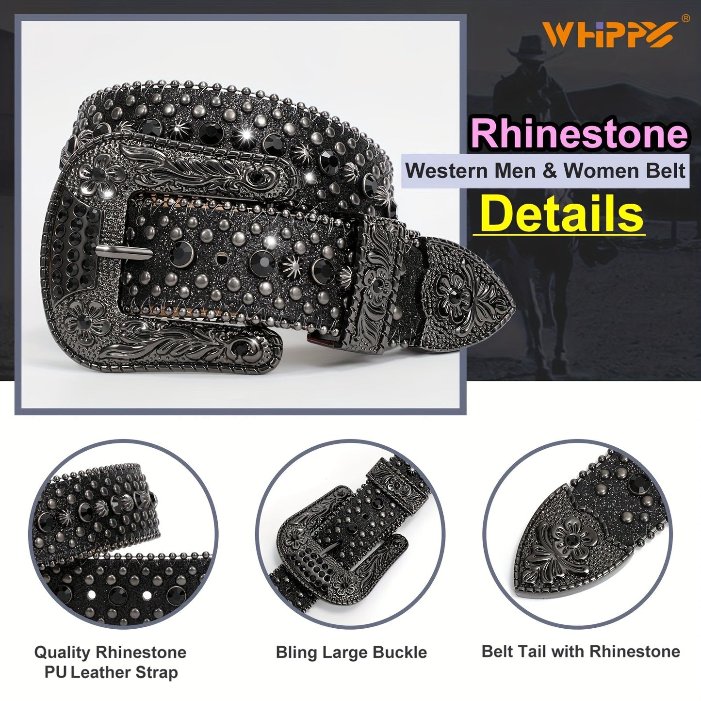 Men's Belt - Rhinestone for Western Cowboy Faux Crocodile Leather Strap Rivet Detail - product detail view 28
