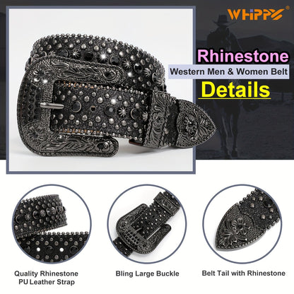 Men's Belt - Rhinestone for Western Cowboy Faux Crocodile Leather Strap Rivet Detail - product detail view 28