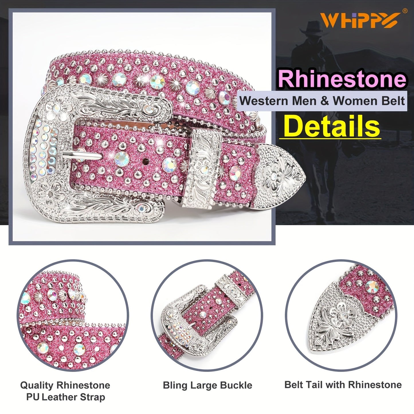Men's Belt - Rhinestone for Western Cowboy Faux Crocodile Leather Strap Rivet Detail - product detail view 30