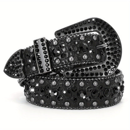 Men's Belt - Rhinestone for Western Cowboy Faux Crocodile Leather Strap Rivet Detail - product detail view 31