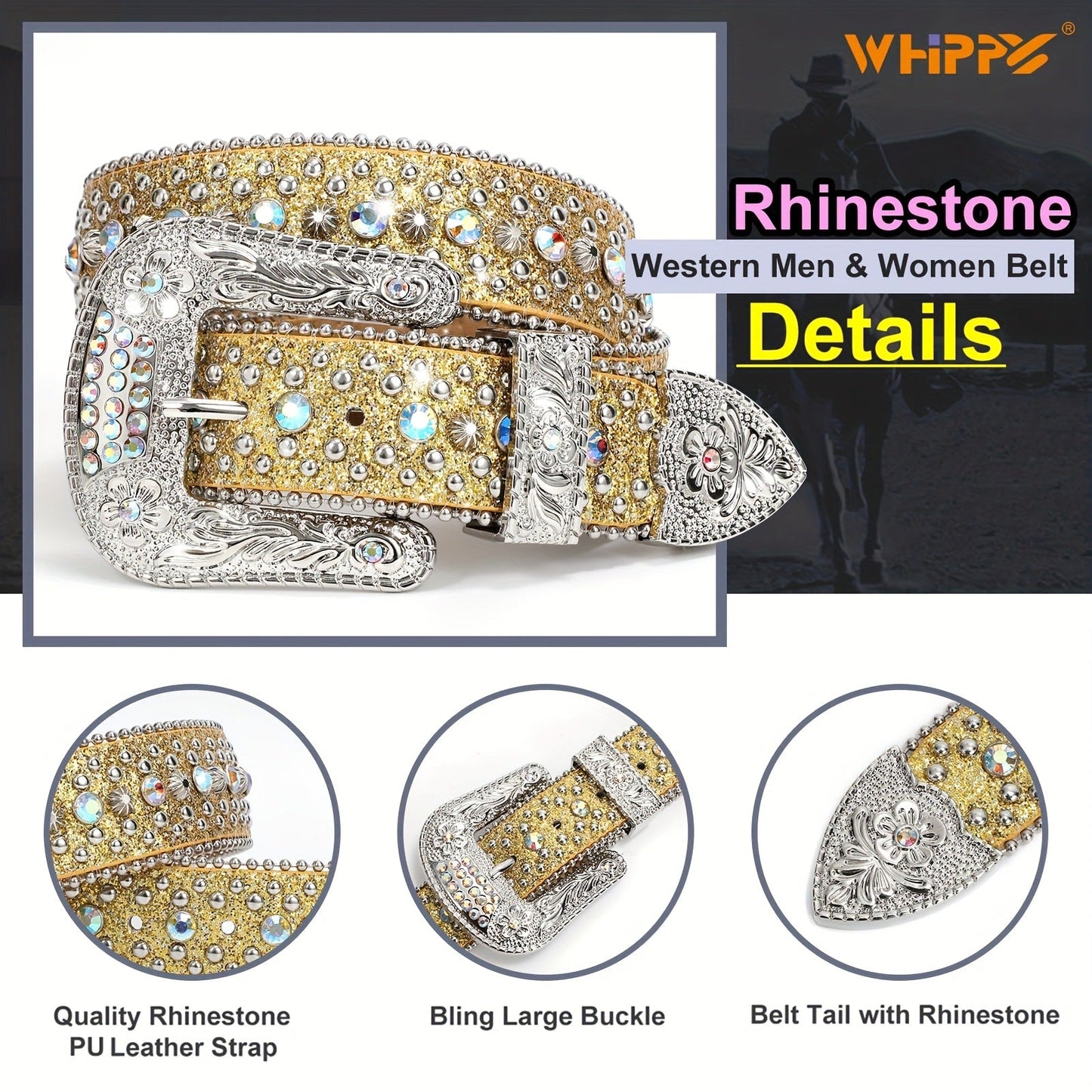 Men's Belt - Rhinestone for Western Cowboy Faux Crocodile Leather Strap Rivet Detail - product detail view 35