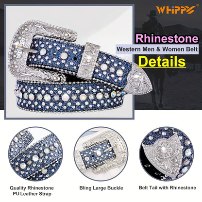 Men's Belt - Rhinestone for Western Cowboy Faux Crocodile Leather Strap Rivet Detail - product detail view 36