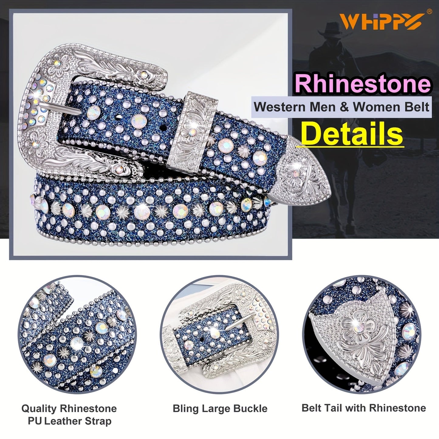 Men's Belt - Rhinestone for Western Cowboy Faux Crocodile Leather Strap Rivet Detail - product detail view 38