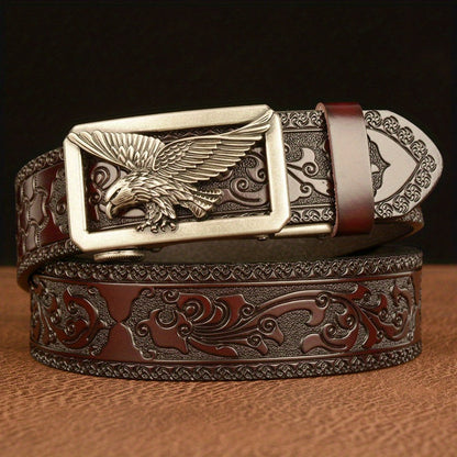 Men's Belt - 's Genuine Leather Eagle Buckle Western Cowboy Style Adjustable Strap - product detail view 3