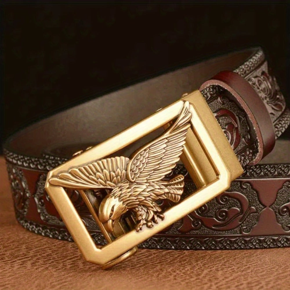 Men's Belt - 's Genuine Leather Eagle Buckle Western Cowboy Style Adjustable Strap - product detail view 4