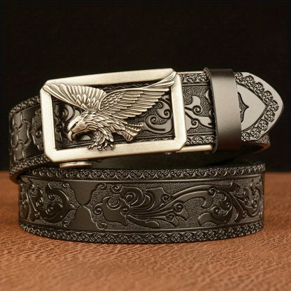 Men's Belt - 's Genuine Leather Eagle Buckle Western Cowboy Style Adjustable Strap - product detail view 6