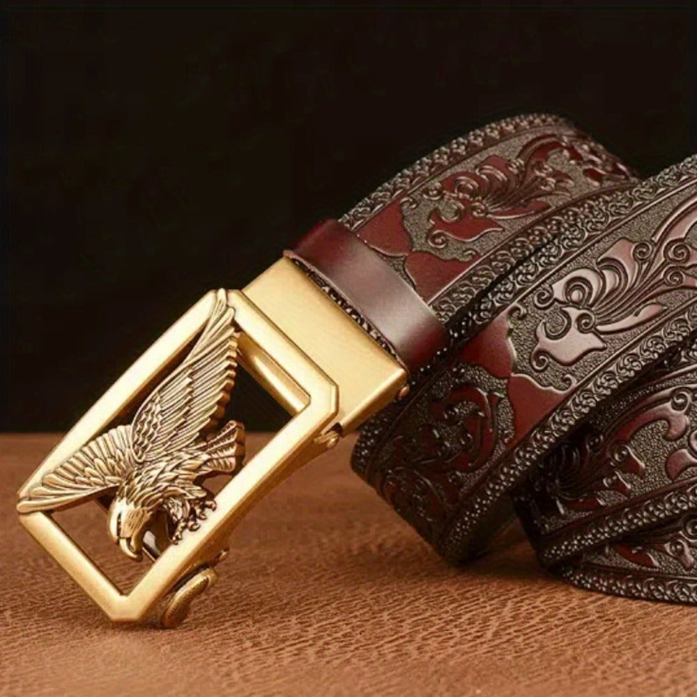 Men's Belt - 's Genuine Leather Eagle Buckle Western Cowboy Style Adjustable Strap - product detail view 7