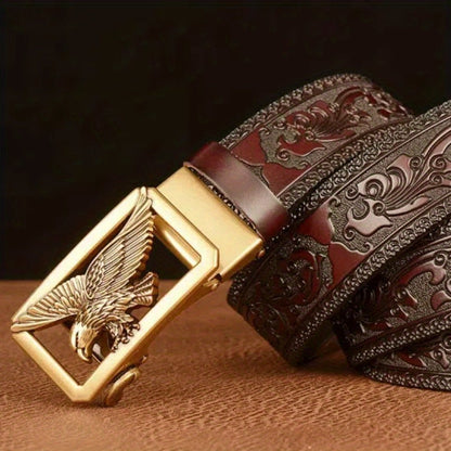 Men's Belt - 's Genuine Leather Eagle Buckle Western Cowboy Style Adjustable Strap - product detail view 7