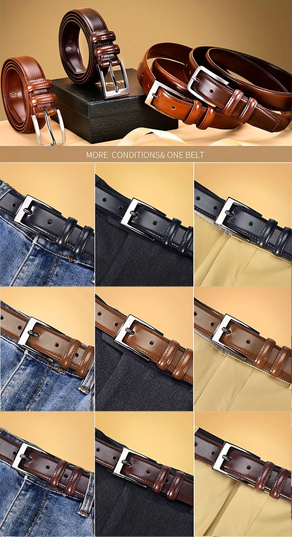 Men's Belt - 's Genuine Leather Gift Box Set Zinc Alloy Golden Buckle Dress for Jeans & - product detail view 10