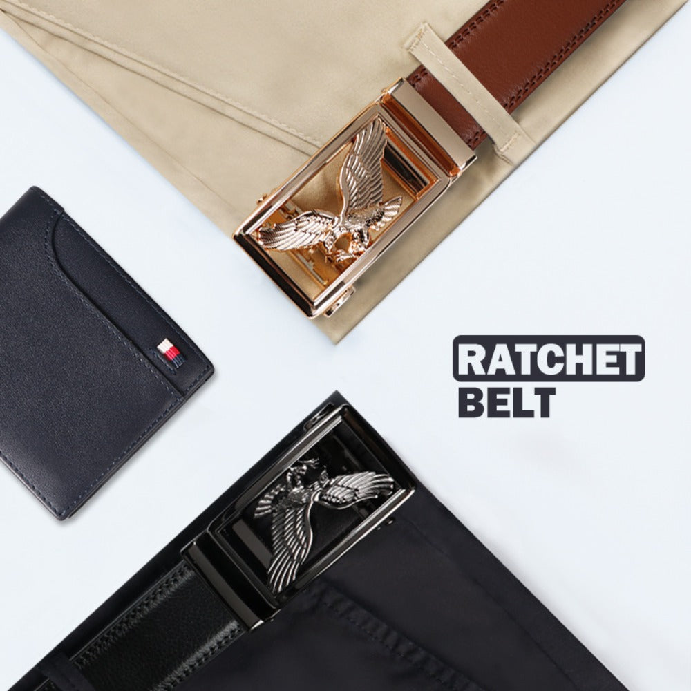 Men's Belt - 's Genuine Leather Set 2-Pack Automatic Ratchet Buckle, Adjustable 110 - product detail view 5