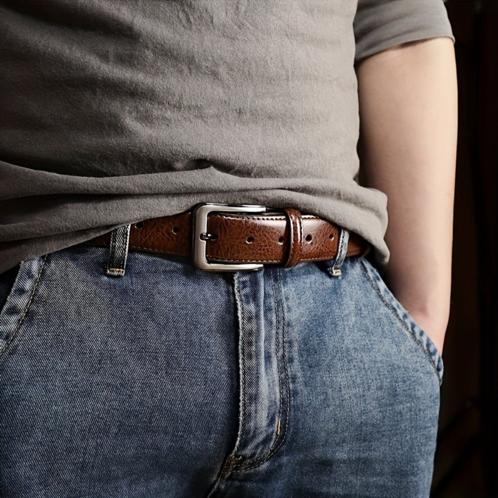 Men's Belt - 's Leather 2-Pack Pin Buckle Casual Retro Genuine Style Jeans Set - product detail view 6