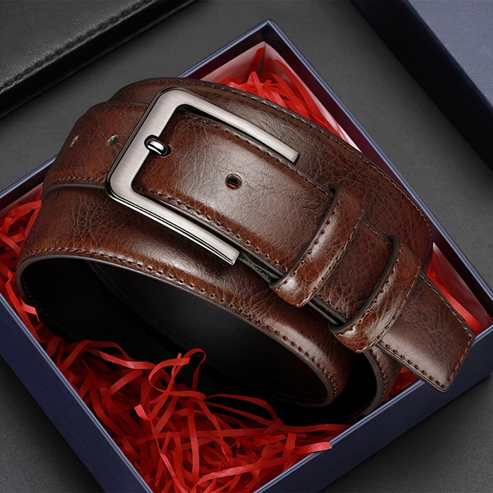 Men's Belt - 's Leather 2-Pack Pin Buckle Casual Retro Genuine Style Jeans Set - product detail view 11