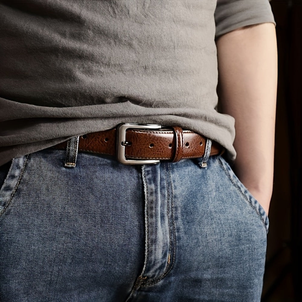 Men's Belt - 's Leather 2-Pack Pin Buckle Casual Retro Genuine Style Jeans Set - product detail view 14