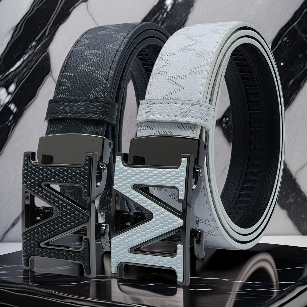 Men's Belt - 's Leather Automatic Buckle Letter M Alloy Buckle Adjustable Dress Black - main product view