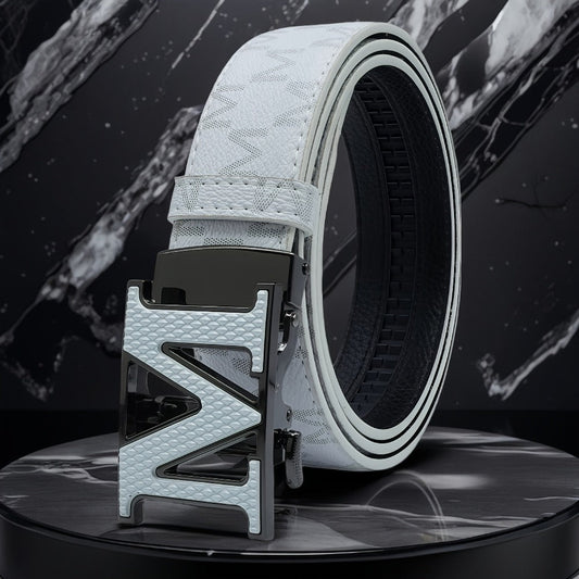 Men's Belt - 's Leather Automatic Buckle Letter M Alloy Buckle Adjustable Dress Black - product detail view 2