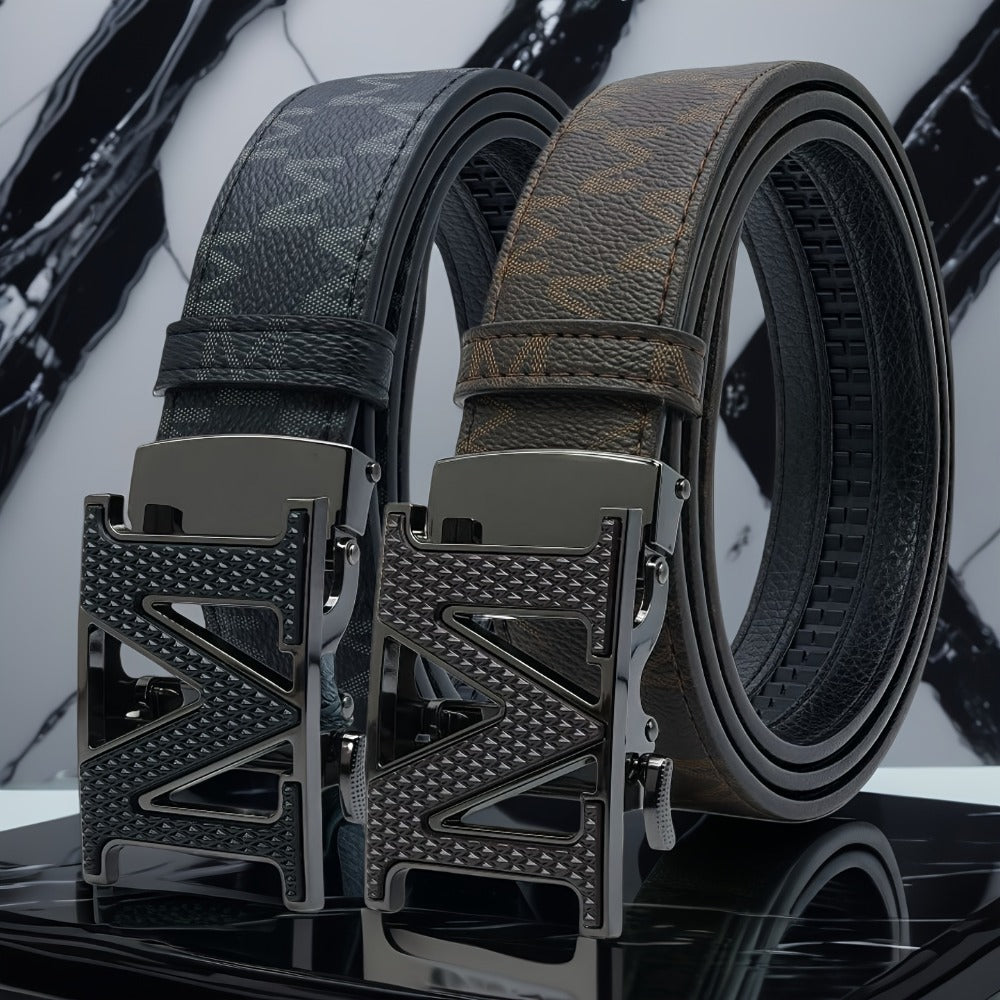 Men's Belt - 's Leather Automatic Buckle Letter M Alloy Buckle Adjustable Dress Black - product detail view 5