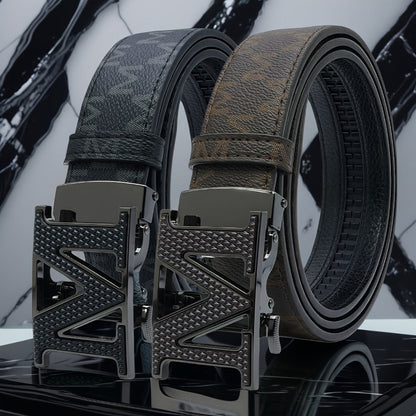 Men's Belt - 's Leather Automatic Buckle Letter M Alloy Buckle Adjustable Dress Black - product detail view 5