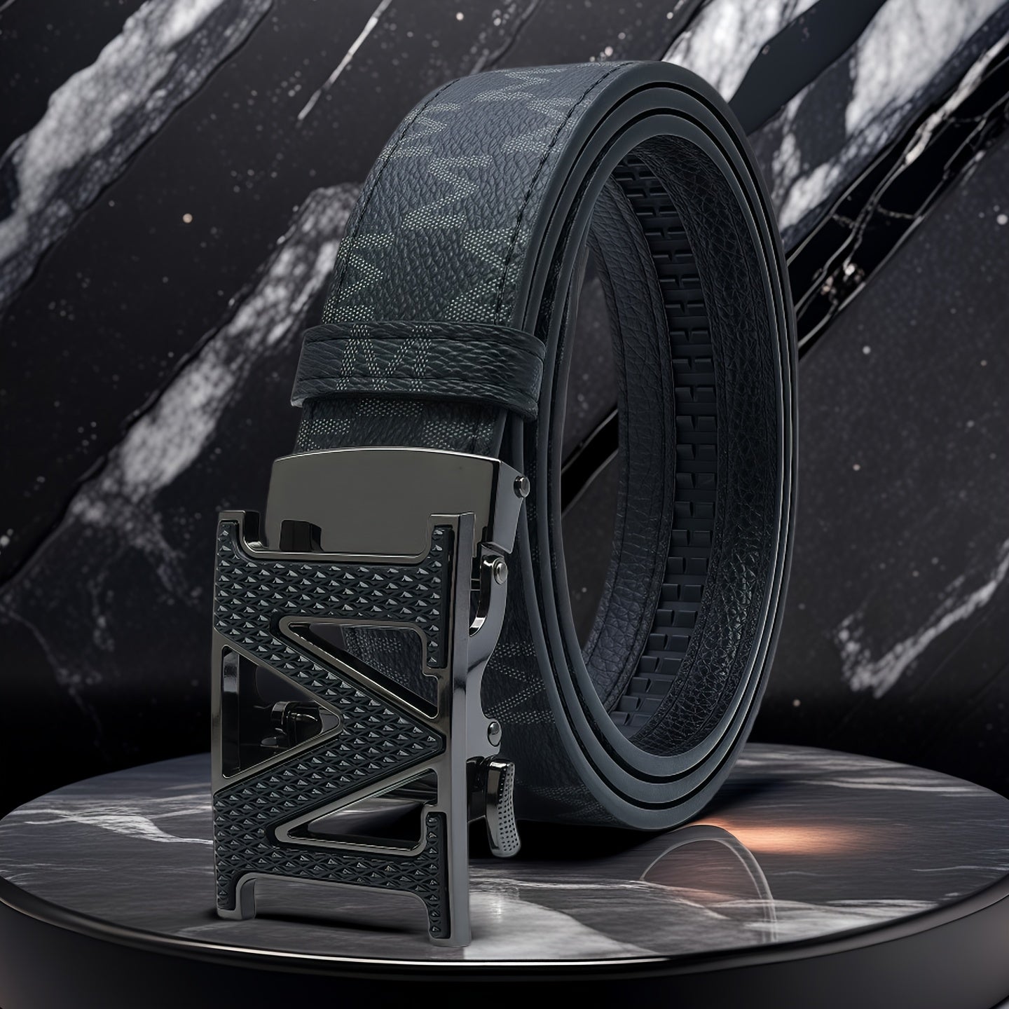 Men's Belt - 's Leather Automatic Buckle Letter M Alloy Buckle Adjustable Dress Black - product detail view 11