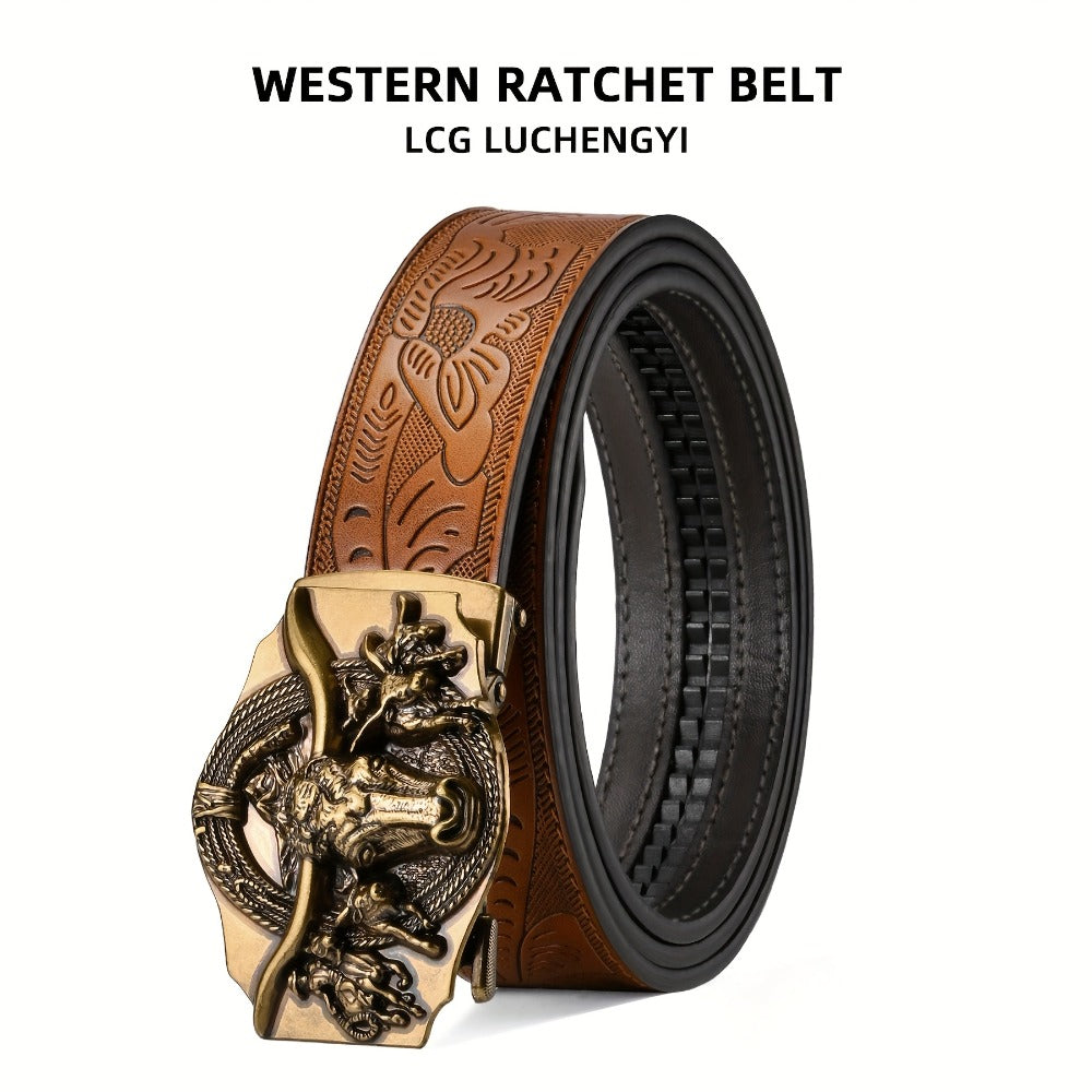 Men's Belt - 's Ratchet Automatic Click Buckle Faux Leather No Hole Adjustable Western - product detail view 4