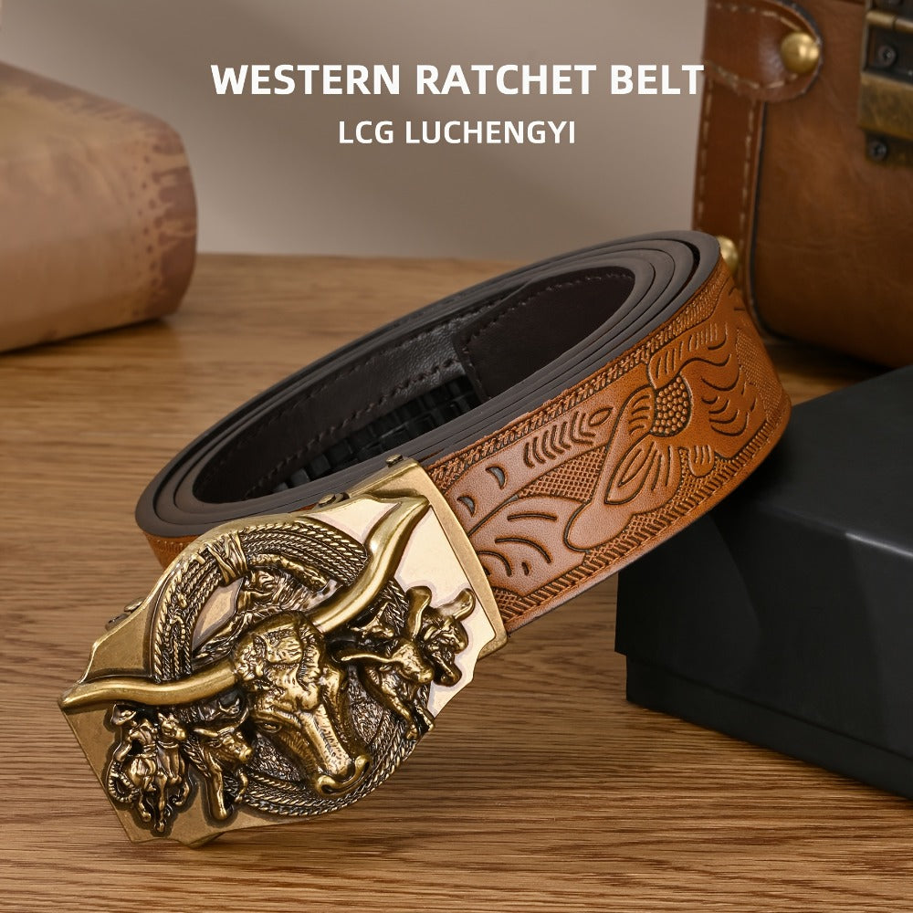 Men's Belt - 's Ratchet Automatic Click Buckle Faux Leather No Hole Adjustable Western - product detail view 6