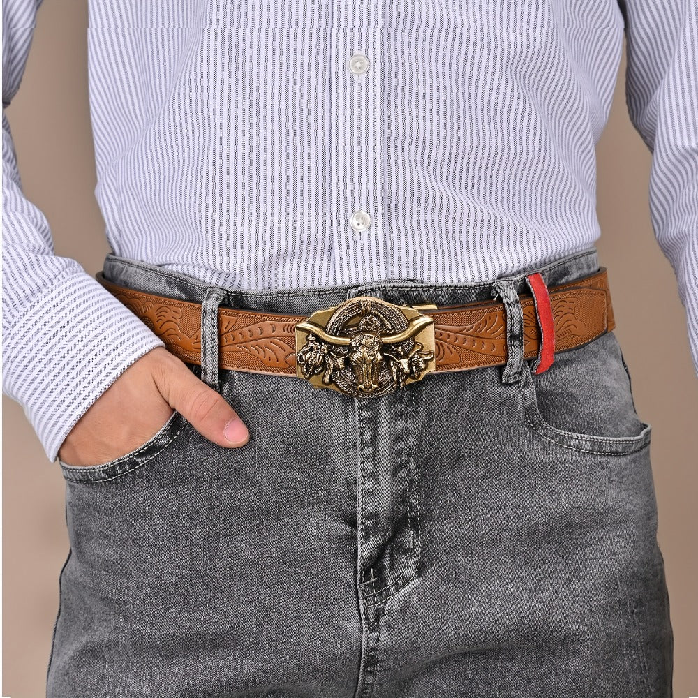 Men's Belt - 's Ratchet Automatic Click Buckle Faux Leather No Hole Adjustable Western - product detail view 7