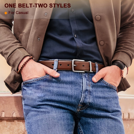 Men's Belt - 's Reversible Genuine Leather Two-Tone Flip Buckle Two in One, Black Blue - product detail view 2