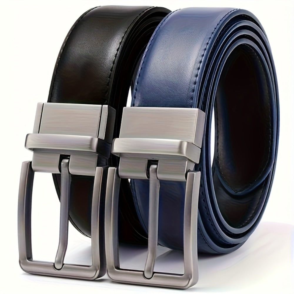 Men's Belt - 's Reversible Genuine Leather Two-Tone Flip Buckle Two in One, Black Blue - product detail view 8