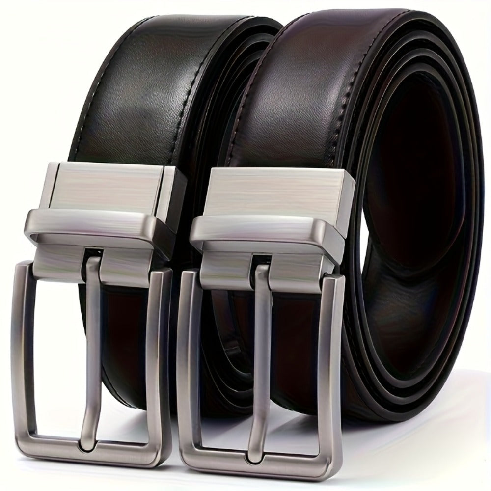 Men's Belt - 's Reversible Genuine Leather Two-Tone Flip Buckle Two in One, Black Blue - product detail view 10