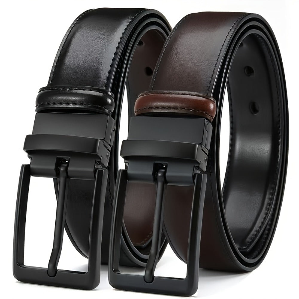 Men's Belt - 's Reversible Genuine Leather Two-Tone Flip Buckle Two in One, Black Blue - product detail view 11