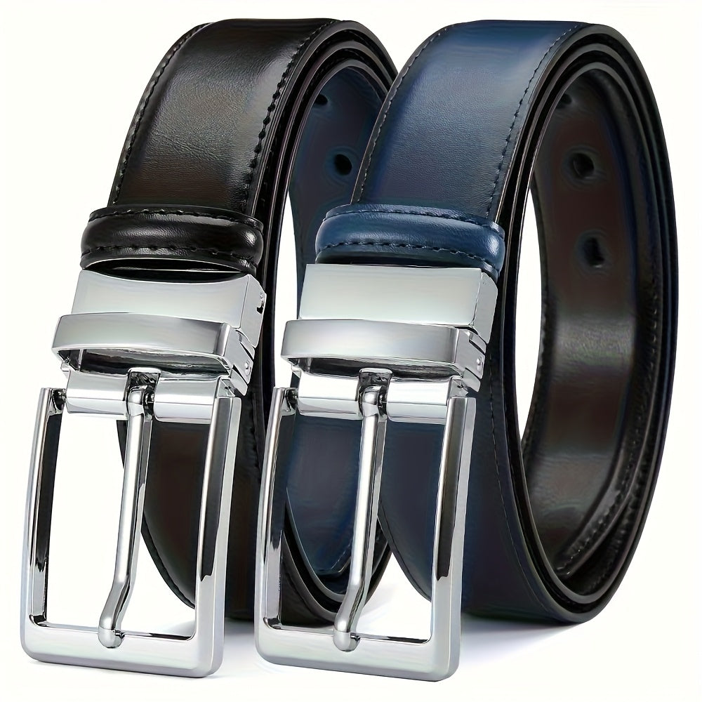 Men's Belt - 's Reversible Genuine Leather Two-Tone Flip Buckle Two in One, Black Blue - product detail view 12