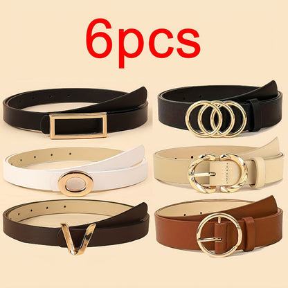 Women's Belt - 's Set 6Pcs - PU Leather with Metal Buckle Multi Style, Black Beige Brown - main product view