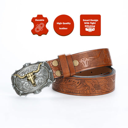 Men's Belt - 's Western Cowboy Set 2-Pack Bull Buckle Embossed Floral Faux Leather - product detail view 4