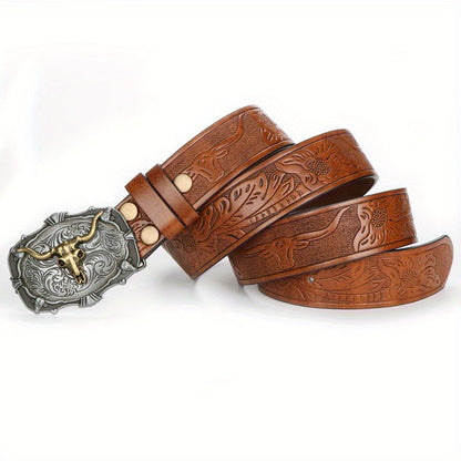 Men's Belt - 's Western Cowboy Set 2-Pack Bull Buckle Embossed Floral Faux Leather - product detail view 6