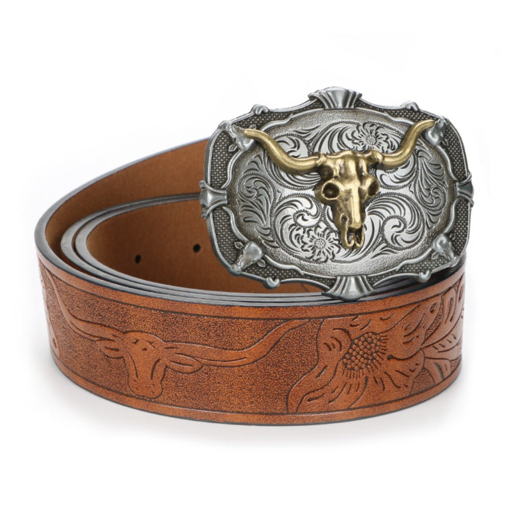 Men's Belt - 's Western Cowboy Set 2-Pack Bull Buckle Embossed Floral Faux Leather - product detail view 7