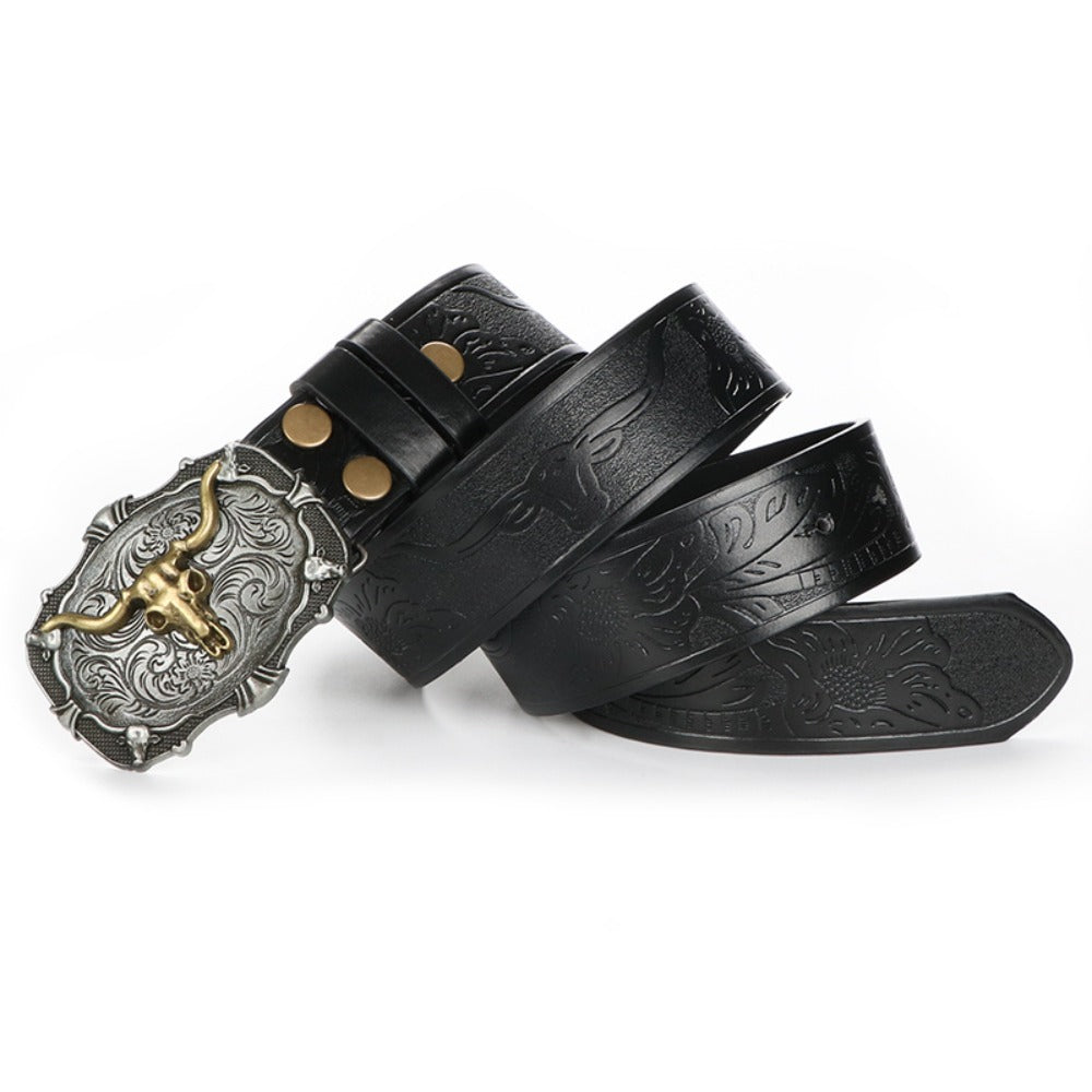 Men's Belt - 's Western Cowboy Set 2-Pack Bull Buckle Embossed Floral Faux Leather - product detail view 8