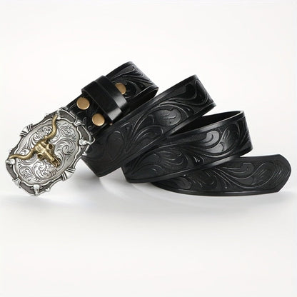 Men's Belt - 's Western Cowboy Set 2-Pack Bull Buckle Embossed Floral Faux Leather - product detail view 9