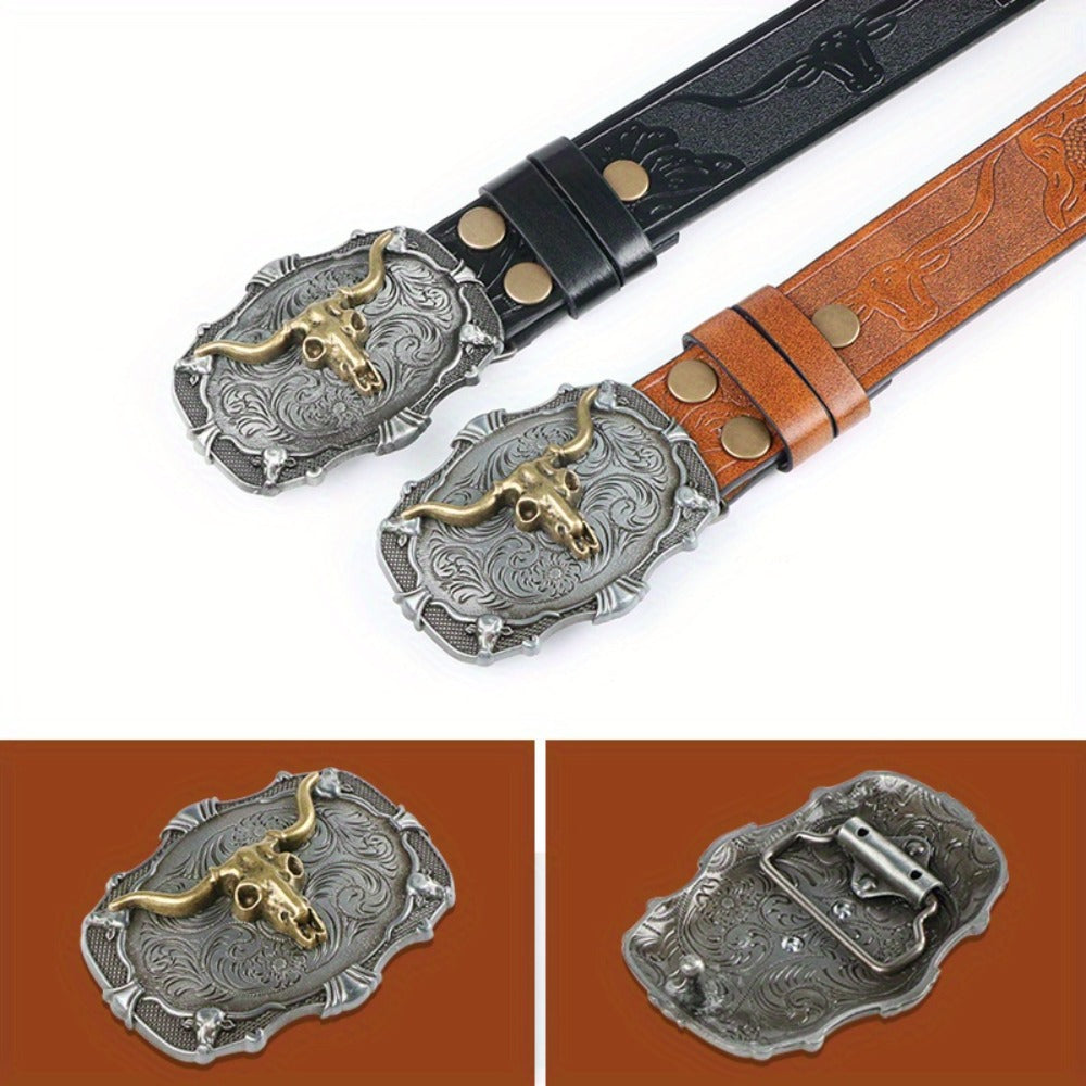 Men's Belt - 's Western Cowboy Set 2-Pack Bull Buckle Embossed Floral Faux Leather - product detail view 10