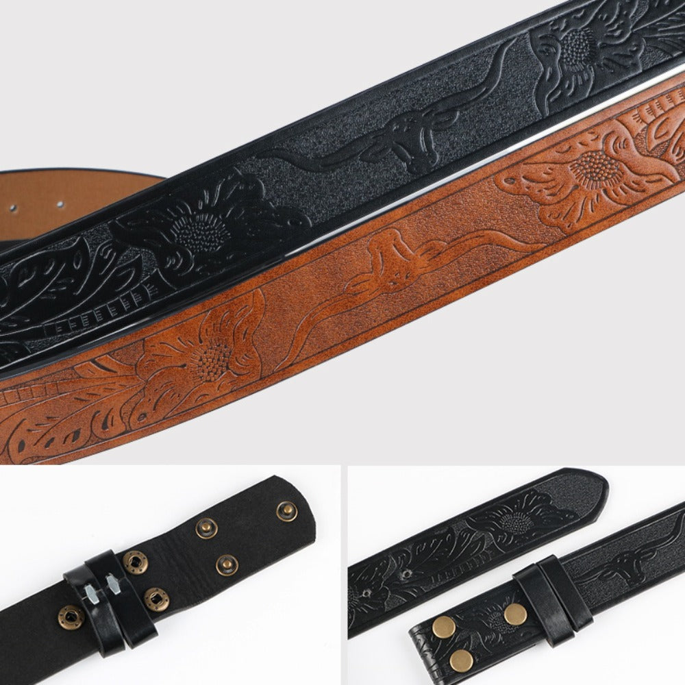 Men's Belt - 's Western Cowboy Set 2-Pack Bull Buckle Embossed Floral Faux Leather - product detail view 11