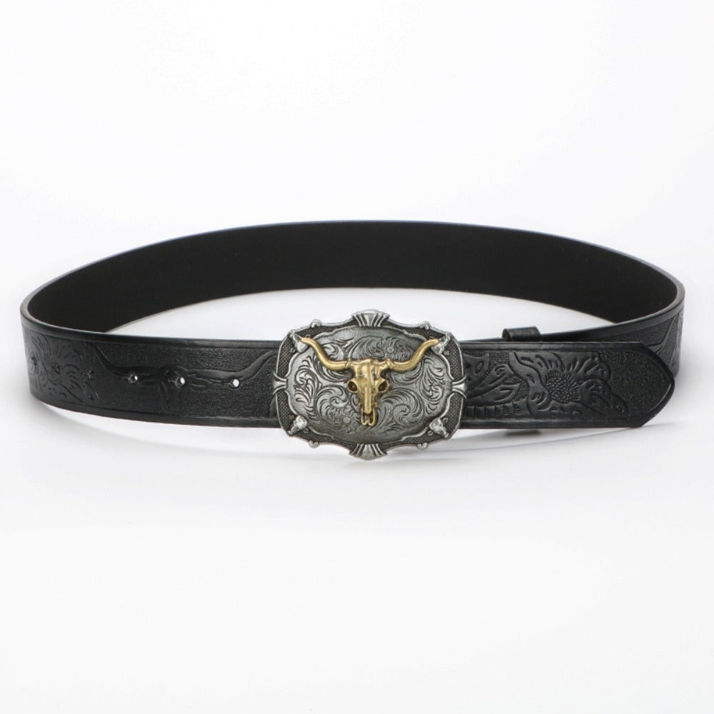 Men's Belt - 's Western Cowboy Set 2-Pack Bull Buckle Embossed Floral Faux Leather - product detail view 14