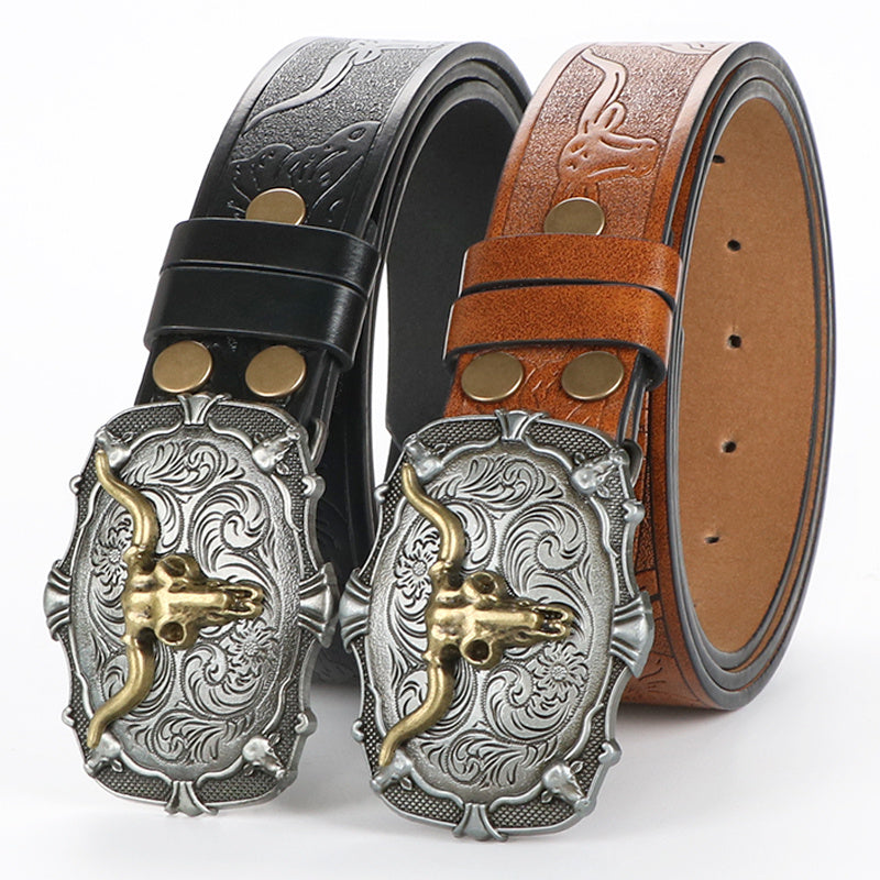 Men's Belt - 's Western Cowboy Set 2-Pack Bull Buckle Embossed Floral Faux Leather - product detail view 18