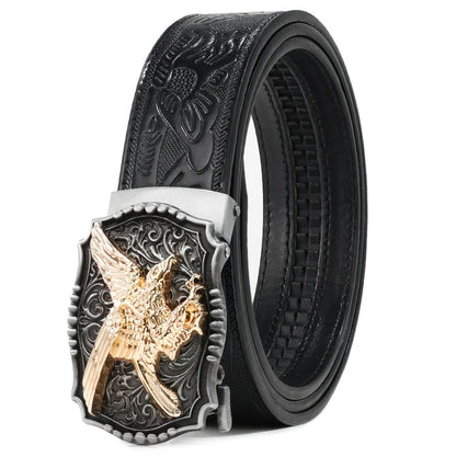 Men's Belt - 's Western Ratchet Faux Leather Sliding Automatic Click Buckle Hawk Horse - product detail view 2