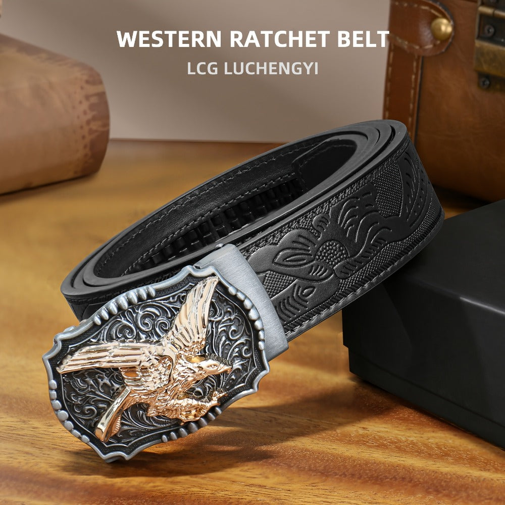 Men's Belt - 's Western Ratchet Faux Leather Sliding Automatic Click Buckle Hawk Horse - product detail view 3