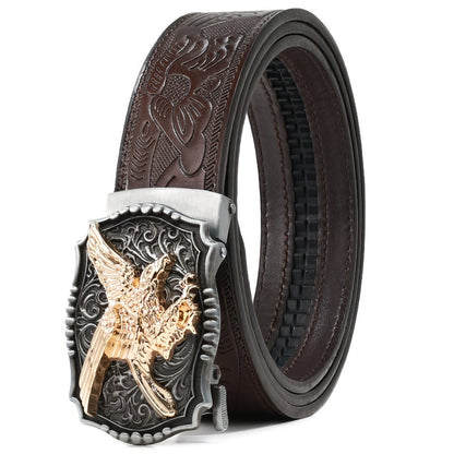 Men's Belt - 's Western Ratchet Faux Leather Sliding Automatic Click Buckle Hawk Horse - product detail view 6